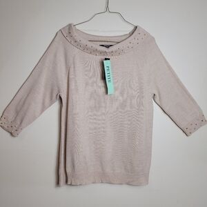 New Cream Gold Briggs Petites PXL Faux Pearl 3/4 sleeve Sweater